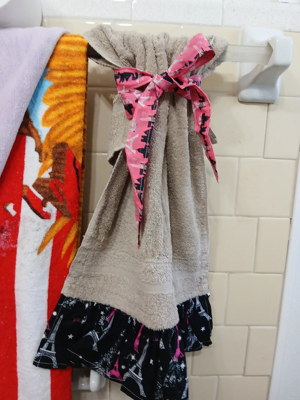 Embroidered Cream Hanging Towel with Pink Floral Ruffle